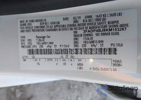 2019 Ford Fiesta Se z USA, uszkodzony, nr VIN 3FADP4BJ8KM153287